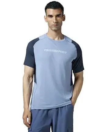 Men's Slim Fit Color Block Crew Neck Half Sleeve T-Shirt, Light Blue