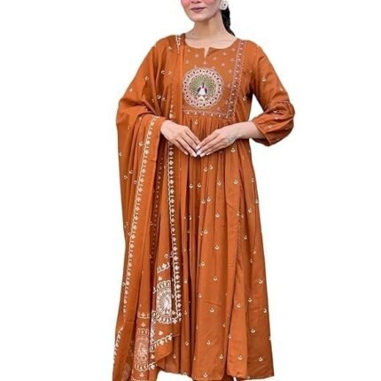 Women Rayon Printed Anarkali Kurta Set with Dupatta, Rust