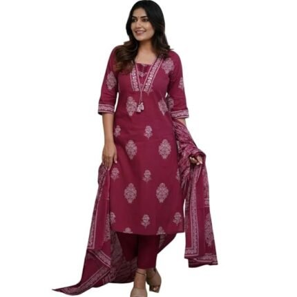 Women's Pure Cotton Printed with Handwork Kurta Set, Maroon