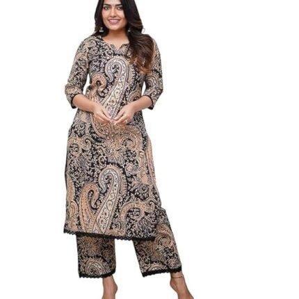 Women Viscose Printed Straight Kurta Pant Set, Black
