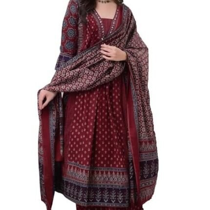 Women's Rayon Printed Anarkali Kurta and Pant with Dupatta Set, Maroon
