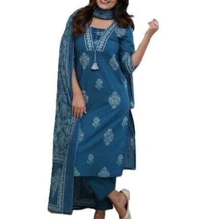 Women's Pure Cotton Printed with Handwork Kurta Set, Blue