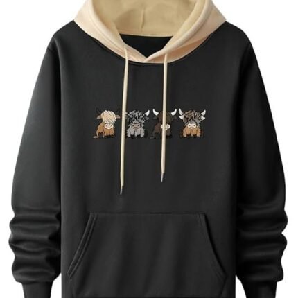 Men's Casual Woolen Hoodie with Cartoon Print, Black