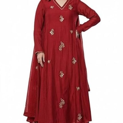Women Embroidery Solid Anarkali Kurta and Pant Set with Dupatta, Red
