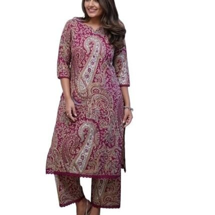 Women Viscose Printed Straight Kurta Pant Set, Maroon