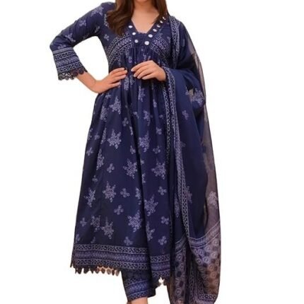 Women Printed Anarkali Kurta and Pant Set with Dupatta, Blue