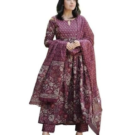 Women Anarkali Kurta and Pant Set With Dupatta, Maroon