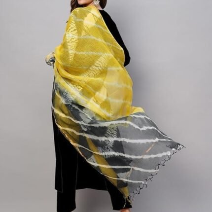 Women's Rayon Viscose Straight Solid Kurta with Pant & Dupatta, Black/Yellow