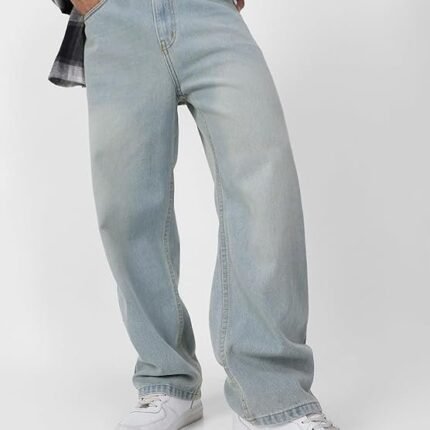 Men's Loose Mid Rise Baggy Fit Washed Jeans - Ice Blue