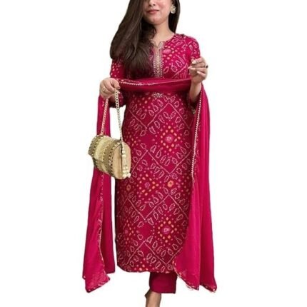 Women's Rayon Viscose Straight Bandhej Printed Kurta with Pant & Dupatta, Pink
