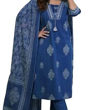 Women's Pure Cotton Printed with Handwork Kurta Set, Navy Blue