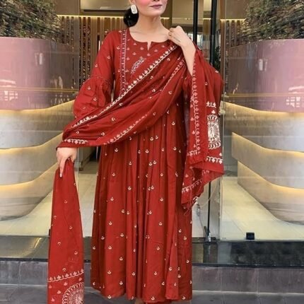 Women Rayon Printed Anarkali Kurta Set with Dupatta, Maroon