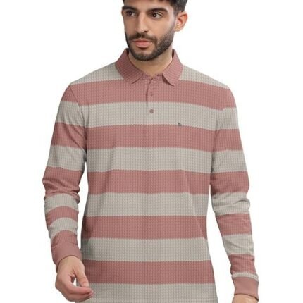 Striped Textured Printed Polo Neck Fullsleeve T-Shirt, White/Pink