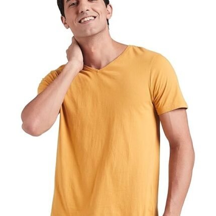 Men Cotton Solid V-Neck Regular Fit T-Shirt, Yellow