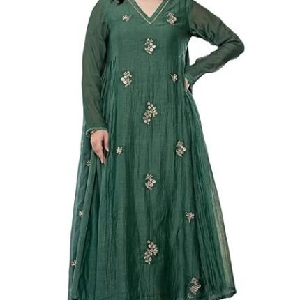 Women Embroidery Solid Anarkali Kurta and Pant Set with Dupatta, Green