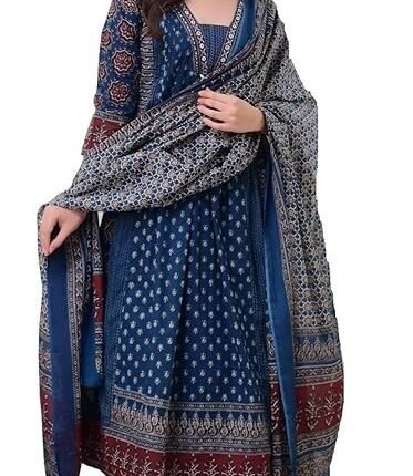 Women's Rayon Printed Anarkali Kurta and Pant with Dupatta Set, Teal Blue