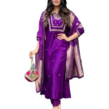 Women's Silk Blend Straight Embroidered Kurta with Pant & Dupatta, Begani