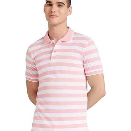 Men's Cotton Rich Striped Polo T-Shirts, White/Pink