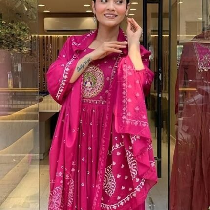 Women Rayon Printed Anarkali Kurta Set with Dupatta, Pink