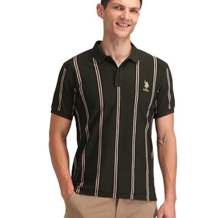 Vertical Striped Slim Polo Shirt, Black