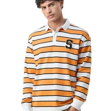 Men's Long Sleeves Collared Neck Striped T-Shirts, White/Orange