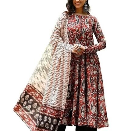 Women Printed Anarkali Kurta and Pant Set with Dupatta, Maroon