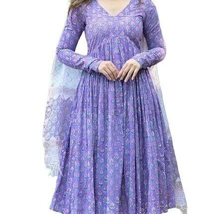 Women Printed Anarkali Kurta and Pant Set with Dupatta, Purple