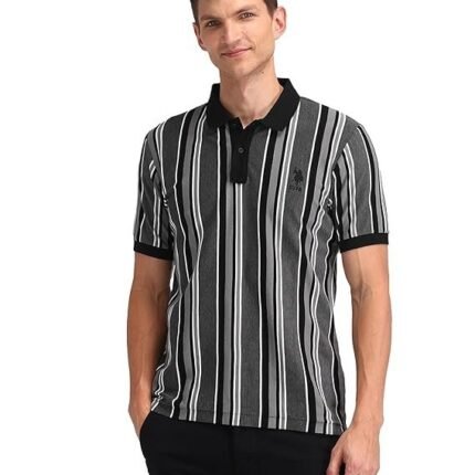 Men's Cotton Regular Striped Polo Shirt, Black/White