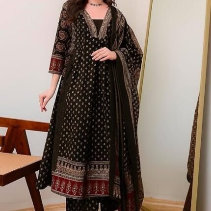 Women's Rayon Printed Anarkali Kurta and Pant with Dupatta Set, Black