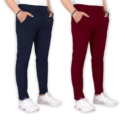 Men's Lycra Slim Fit Trousers Set of 2, Blue/Maroon