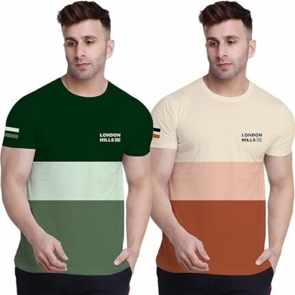 Men's Cotton T-Shirt Set of 2, Green/Beige