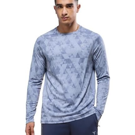 Men's Crew Neck Full Sleeve Printed Jacquard T-Shirt, Light Blue