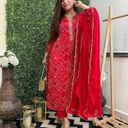 Women's Rayon Viscose Straight Bandhej Printed Kurta with Pant & Dupatta, Red