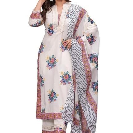 Women's Pure Cotton Printed Straight Kurta Set with Dupatta, White