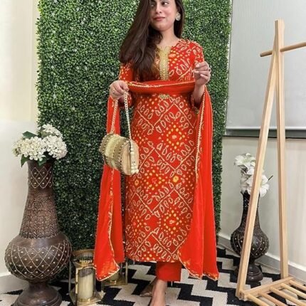 Women's Rayon Viscose Straight Bandhej Printed Kurta with Pant & Dupatta, Orange