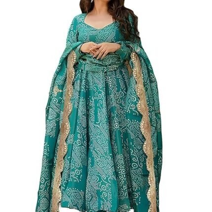 Women's Bandhani Print Flared Anarkali Muslin Kurta Set, Teal Green