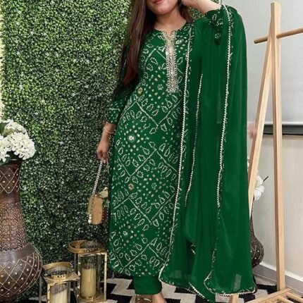 Women's Rayon Viscose Straight Bandhej Printed Kurta with Pant & Dupatta, Green