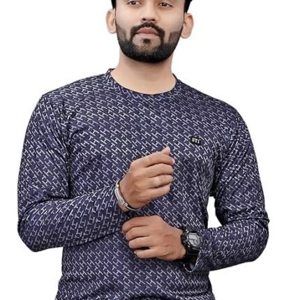 Men's Geometric Pattern Full Sleeve T-Shirt, Navy Blue