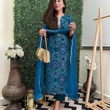 Women's Rayon Viscose Straight Bandhej Printed Kurta with Pant & Dupatta, Dark Blue