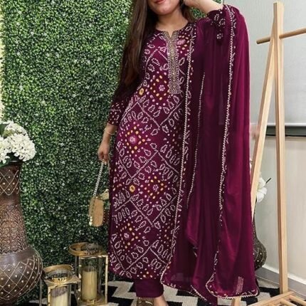 Women's Rayon Viscose Straight Bandhej Printed Kurta with Pant & Dupatta, Wine