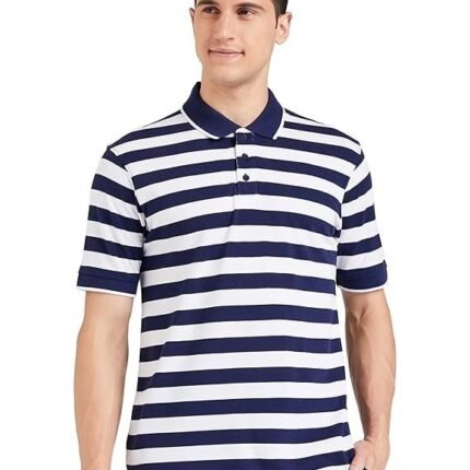 Men's Cotton Rich Striped Polo T-Shirts, White/Blue