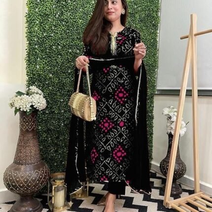 Women's Rayon Viscose Straight Bandhej Printed Kurta with Pant & Dupatta, Black