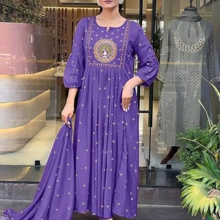 Women Rayon Printed Anarkali Kurta Set with Dupatta, Purple