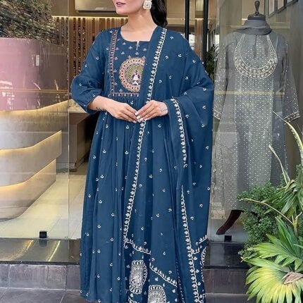 Women Rayon Printed Anarkali Kurta Set with Dupatta, Morepeach