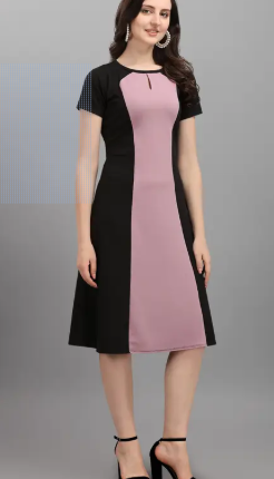 Women A-line Black Below Knee Dress, Purple/Black